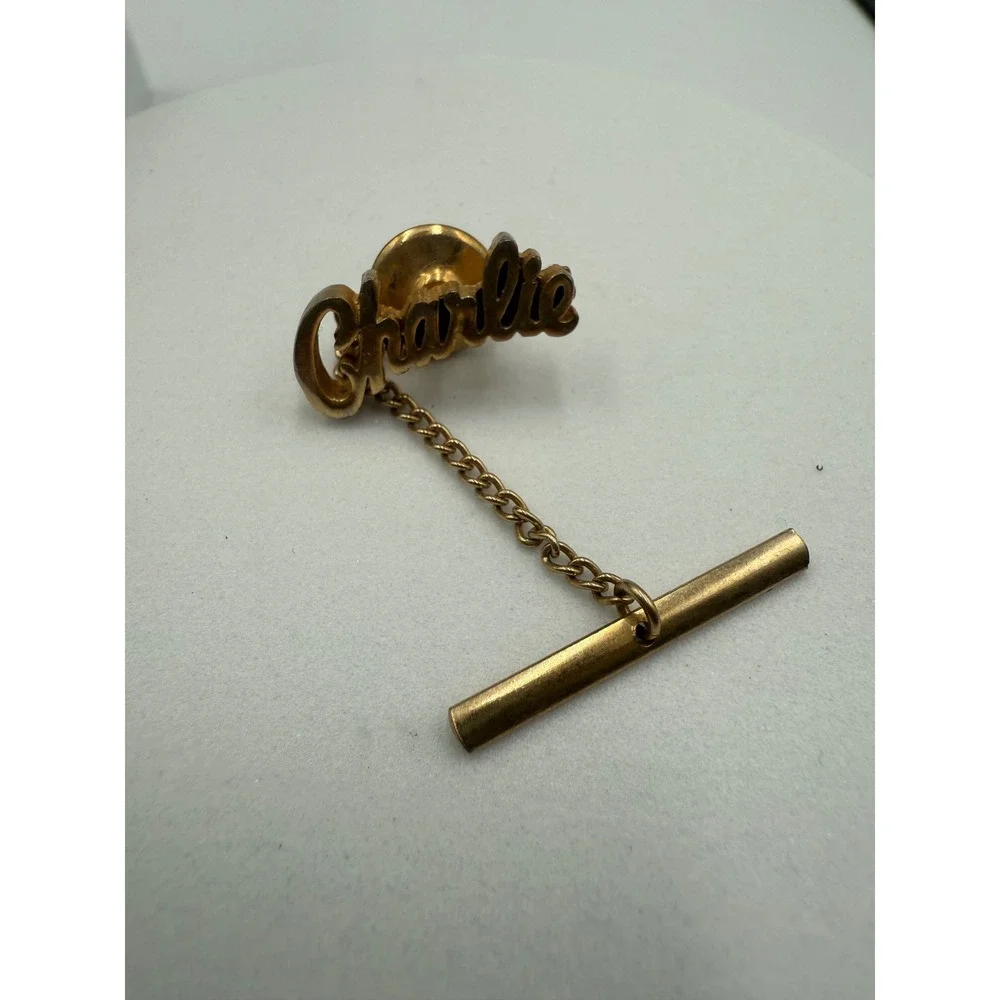 Vintage Charlie Name Tie Tack Gold Tone Script‎ Personalized Mens Accessory